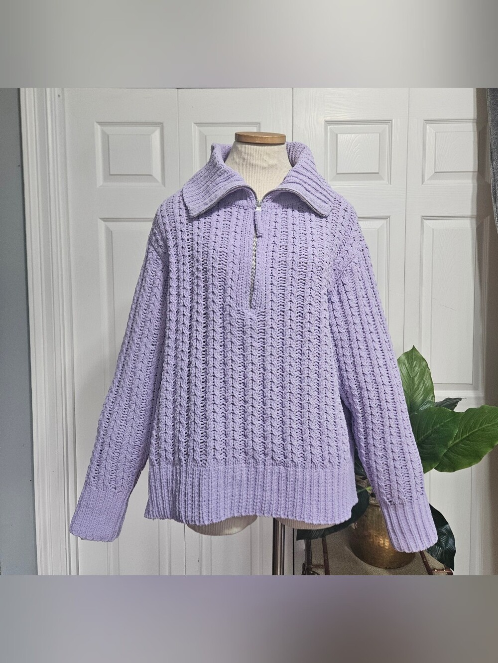 Aerie Lavender Chenille  Cozy Cable Knit Quarter Zip Oversized Sweater Size M